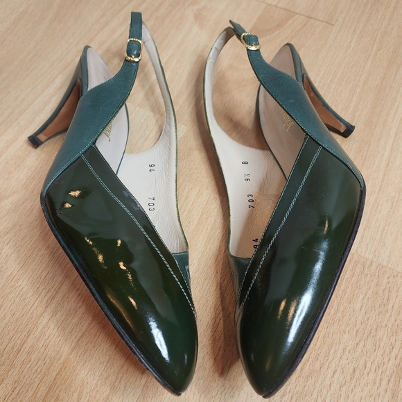 Vintage Johnston & Murphy Women's Green Leather Heels Slingback Almond Toe 9.5B - Picture 5 of 14